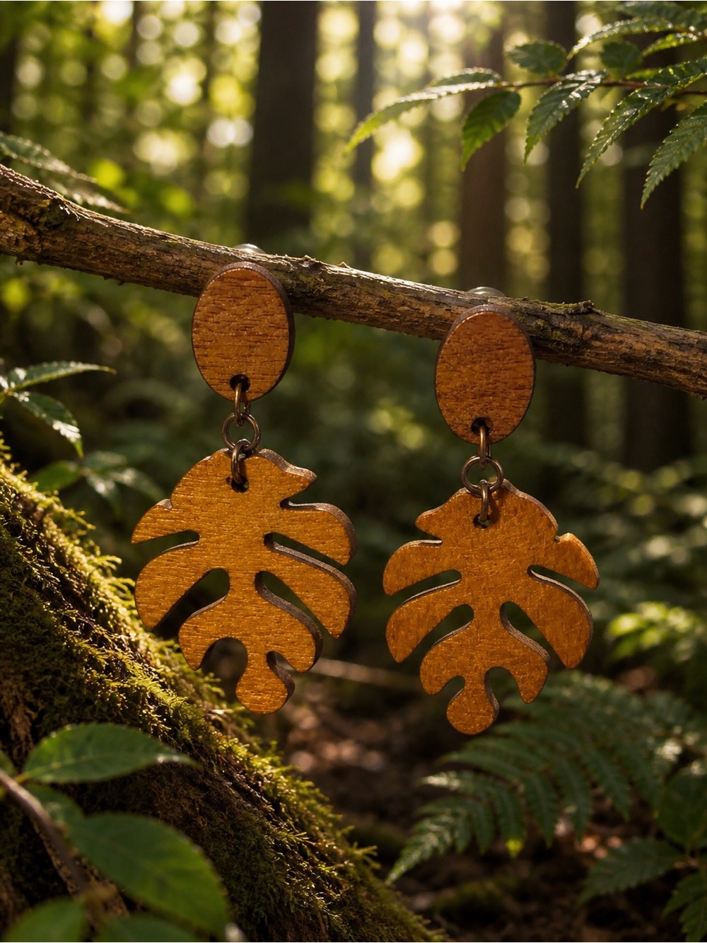 Handcrafted Wooden Monstera Leaf Drop Earrings - Brown